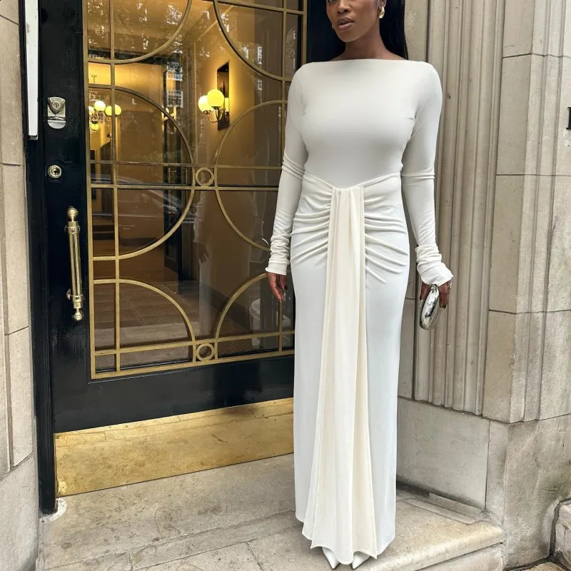 Oshfall Autumn winter Women O-collar Solid Long Sleeved Dresses Fashion Sexy Elegant Dresses Party Club Clothing 240823