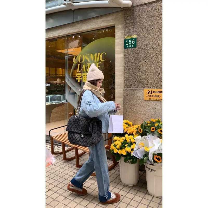 Women's Down Parkas Sky Blue Quilted Padded Cotton Parkas Coat Autumn Winter Solid Jacket Loose Casual dents Swt Girls Outerwear Korean Fashion Y