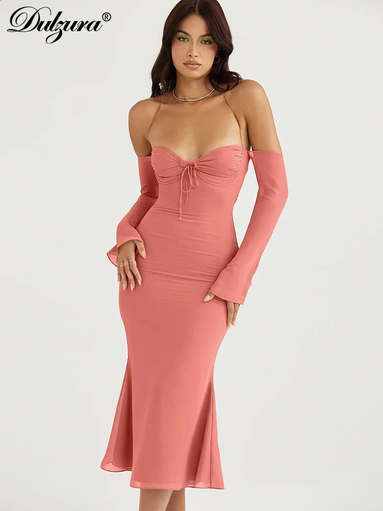 Dulzura Women Chiffon Zipper Sexy Y2K Clothes Lace Up Halter Backless Long Sleeve Bodycon Midi Dress Outfits Party Club 240823