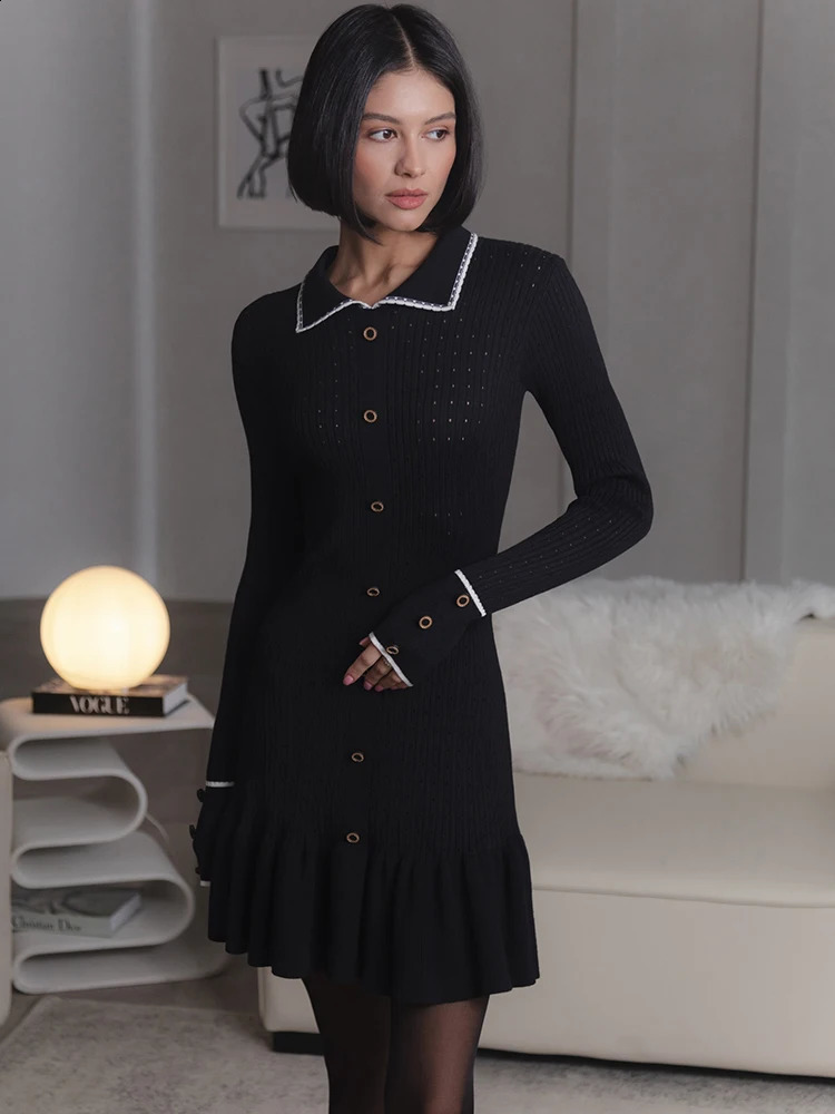 Fantoye Knitted Turn-down Collar Button Women Dress White Long Sleeve High Waist Dress Female Autumn Slim Casual Party Clubwear 240824