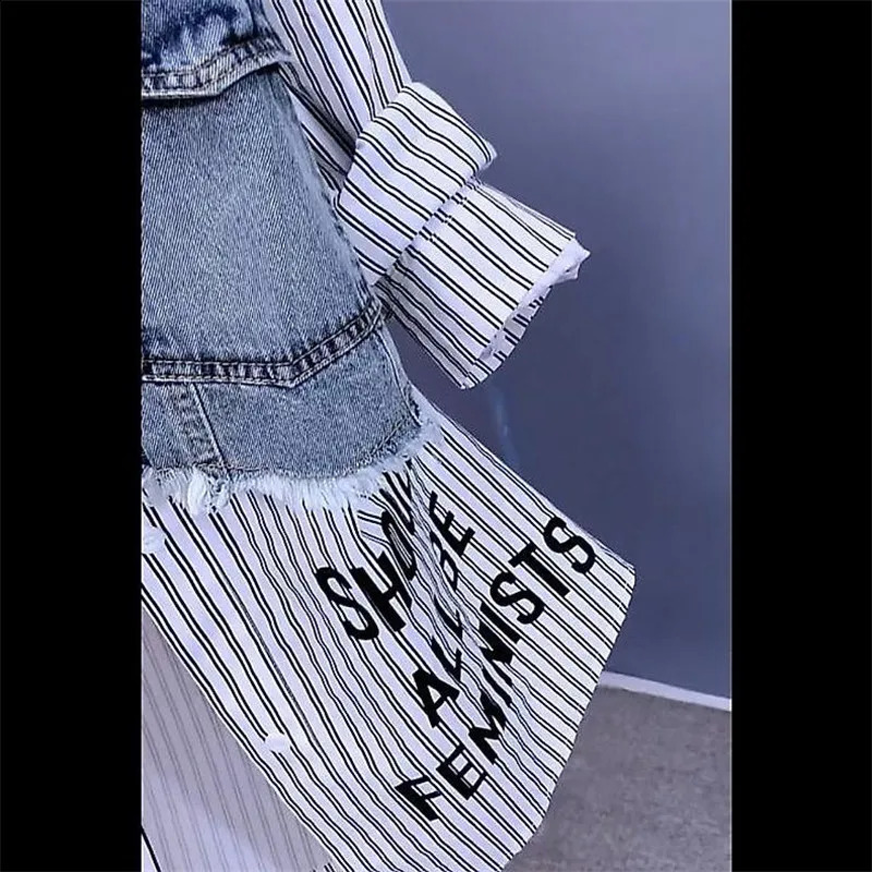 Fashion Striped Denim Jacket Coat Female Retro Denim Outerwear Casual Patchwork Vest Shirt Top Spring Summer 240824