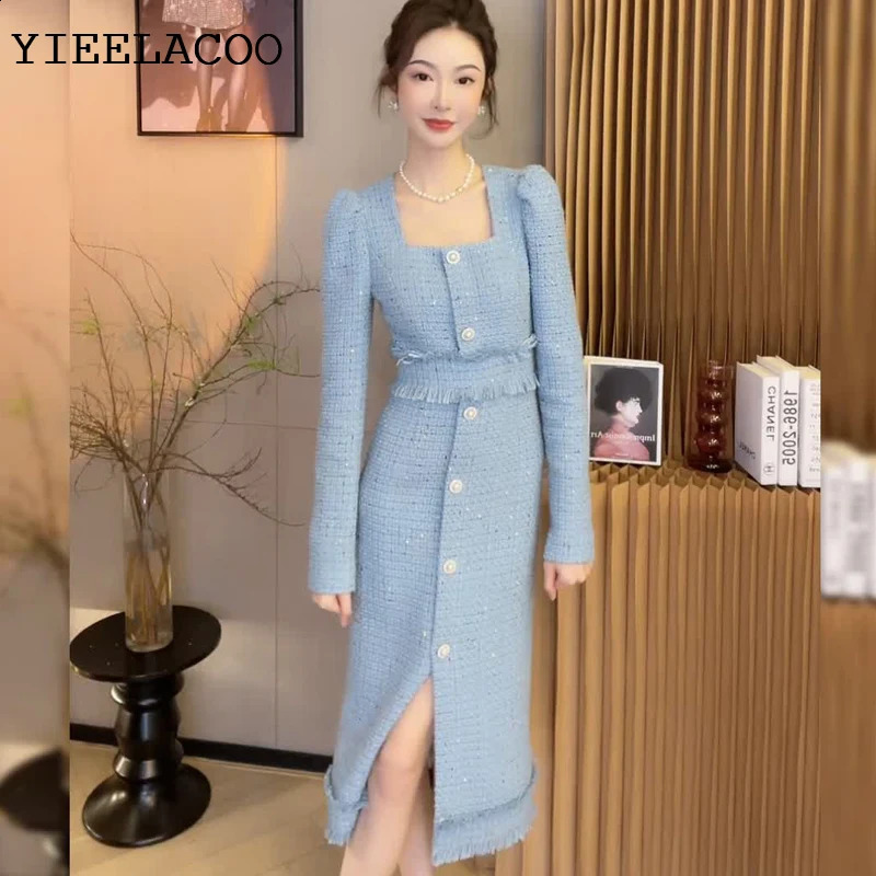 Blue tweed dress spring / autumn womens dress tassel Long sleeved ladies slim bottoming dress one-piece 240824