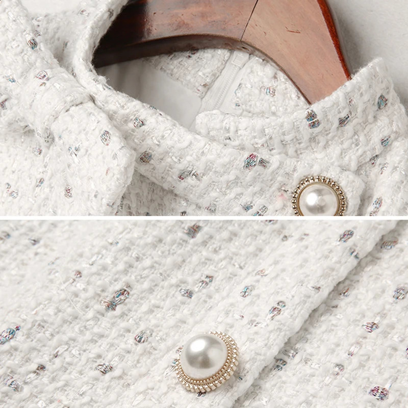 Women Round Neck Dot Print Tweed Dress Korean Long Sleeve Bow Knee-Length Dress With Belt French Runway Elegant Party Dress 240824