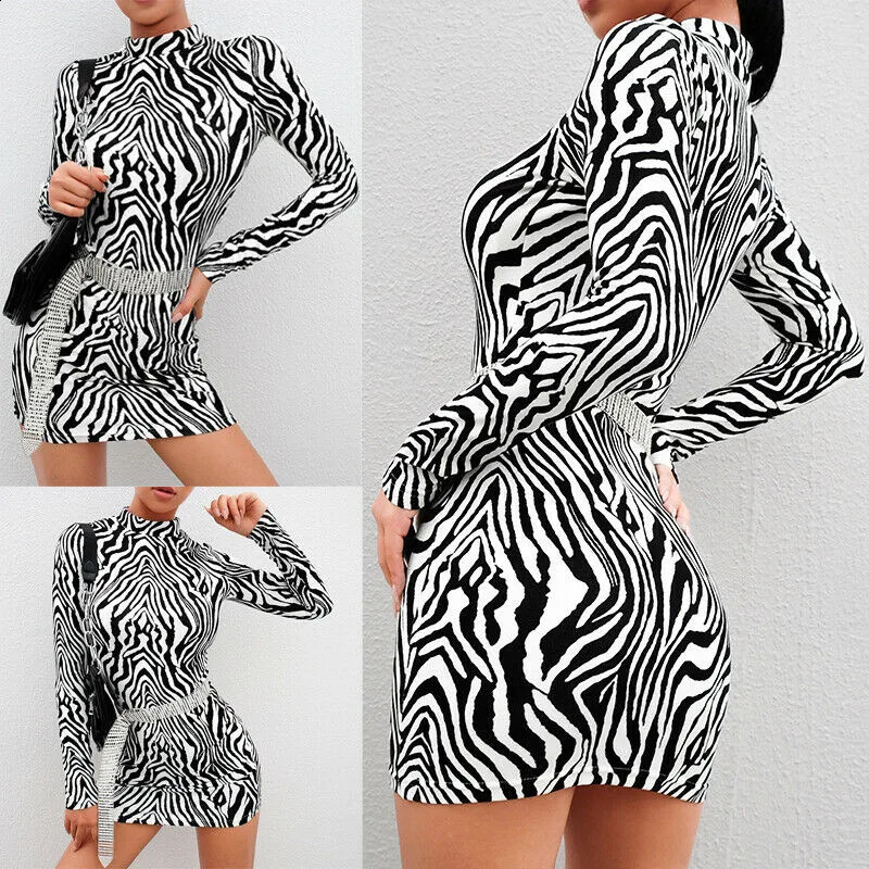 Fashion Sexy Women Bodycon Long Sleeve Zebra Striped Dress Clubwear Print Turtleneck Slim Dress Evening Party Mini Pencil Dress 240823