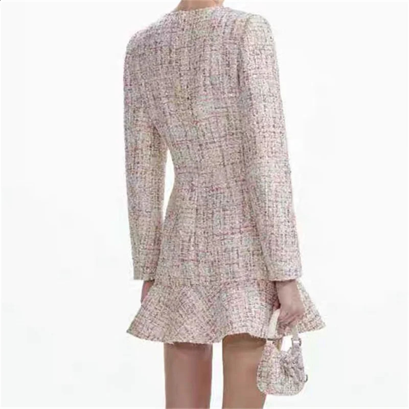 Womens dress Autumn Fashion Button Decorative Long Sleeve Mini Dress Colorful woven tweed Short dresses party dresses 240824