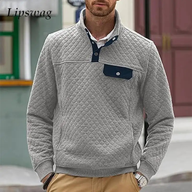 Casual plain sports shirt mens retro stand up collar button long sleeved zipper autumn fashion patch work loose polo 240823