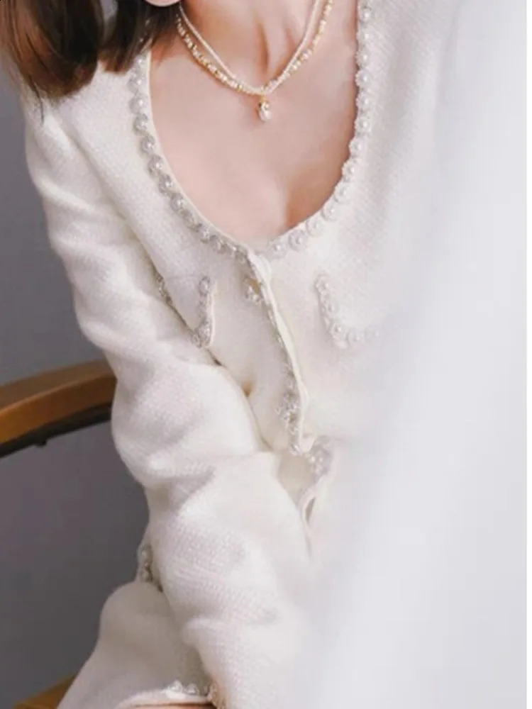 UCXQ Fashion Womens Dress sweet Single Breasted Beaded Tweed Long Sleeve Square Neck Elegant Dresses Spring Autumn 9890 240824
