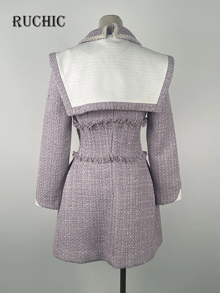 Womens Fashion Dress Shawl Notched Collar 3D Flower Tweed Contrast Color Button Elegant Spring Dresses Chic n 240824
