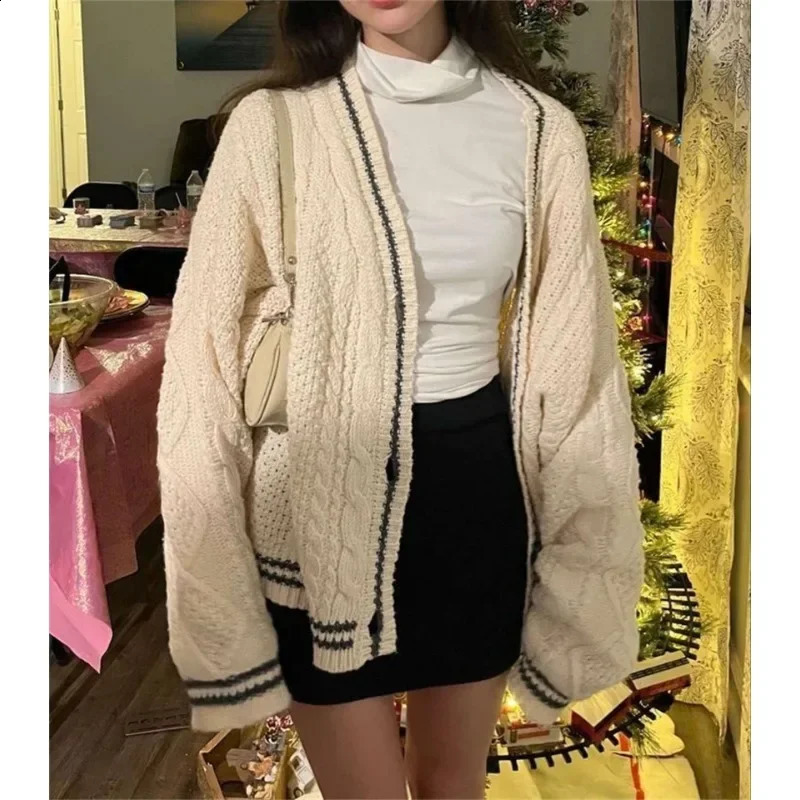Deeptown Vintage Beige Swift Knit Cardigan Women Y2K College Oversize Star Embroidery Sweater Folklore Knitted Jumper Korean 240824