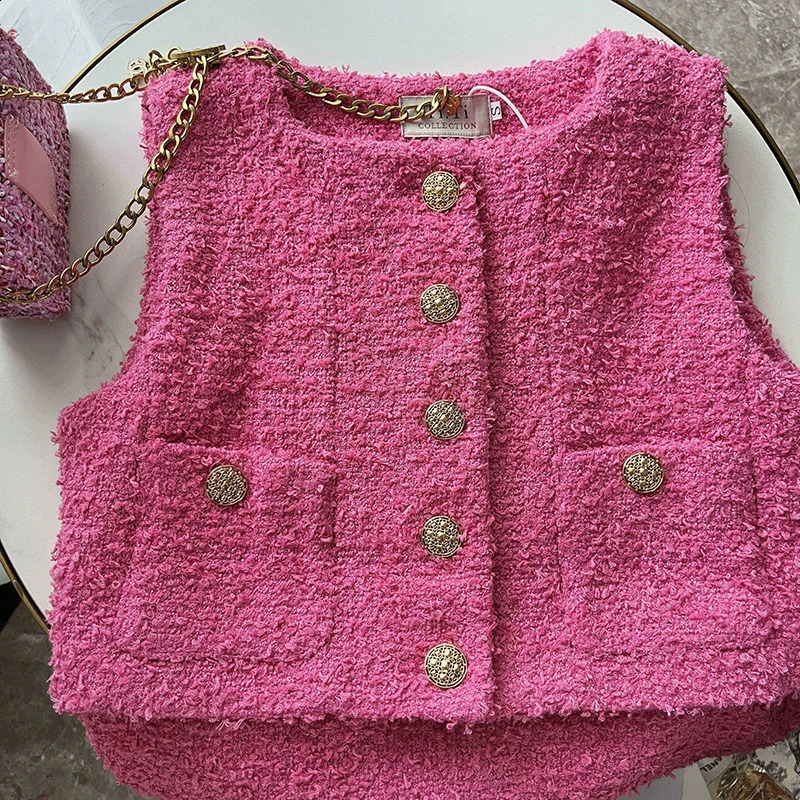 Small Fragrant Summer Tweed Korean Fashion Elegant O-neck Sleeveless Coat Wool Jackets for Women Pink White Vest Femme 240823CJ