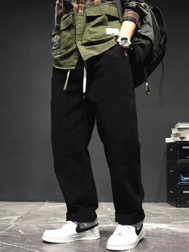 Multi pocket straight leg cargo pants mens drawstring casual wide sports wearresistant 240823