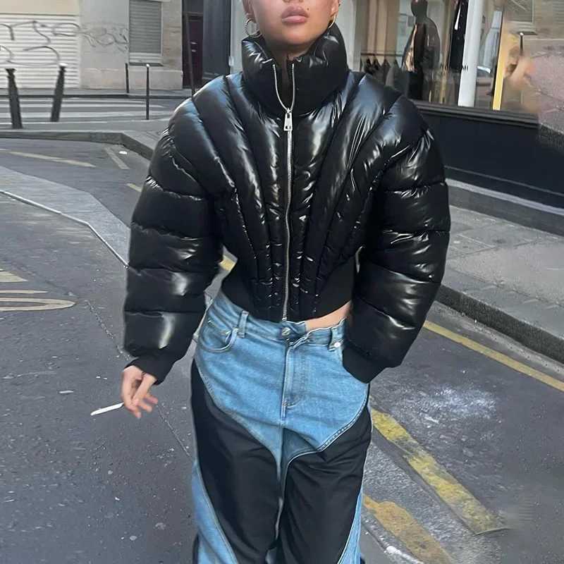 Womens Down Parkas Strt Womens Wide Shoulder Inflatable Jacket High Waist Heating Bubble Coats Ultra Thin Inflatable Jacket Parkas Zipper Cutting Par 