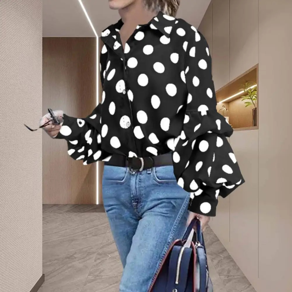 Women Lapel Lantern Long Sleeve Shirt Leopard Dot Print Single Breasted Blouse Casual Fit Shirt Tops Streetwear 240823