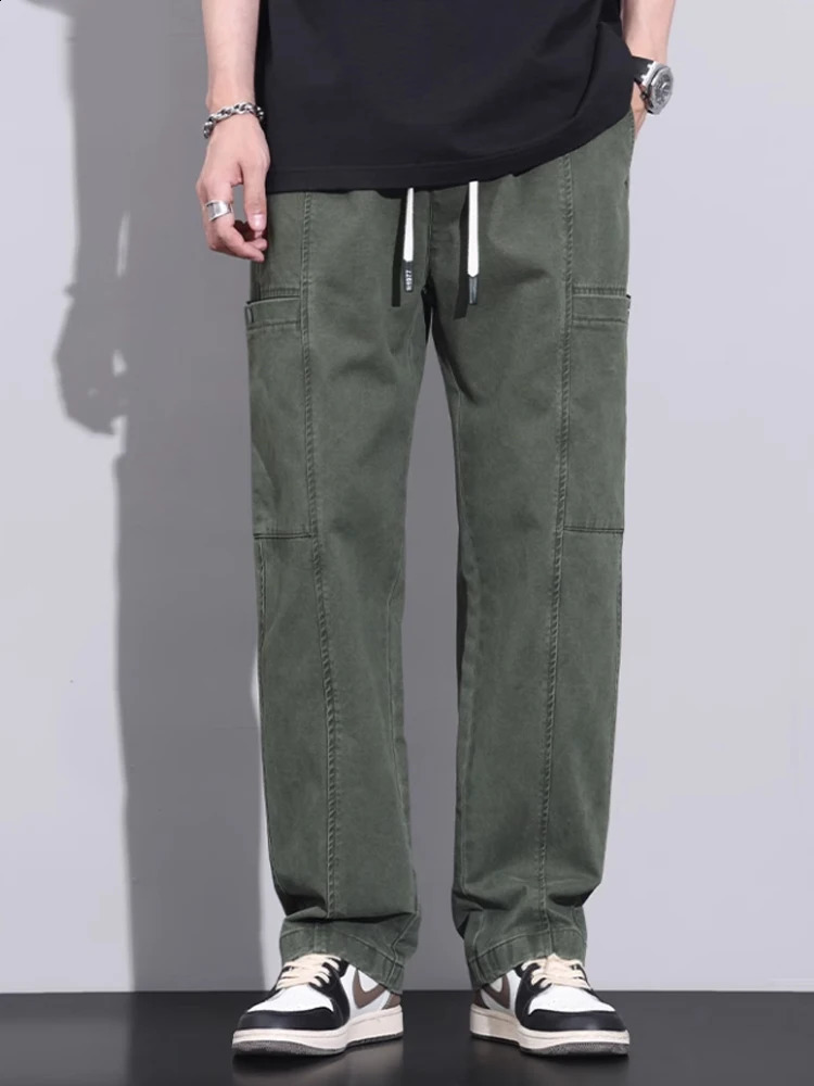 Multi pocket straight leg cargo pants mens drawstring casual wide sports wearresistant 240823