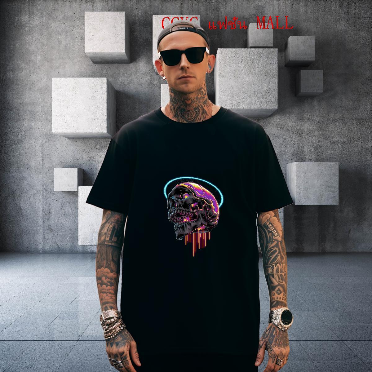 Loose Man T Shirts 230g 100% Cotton skull Hip Hop Plus Size Cartoon Crew Neck Breathable Tshirts Fashion New Tops Shirt