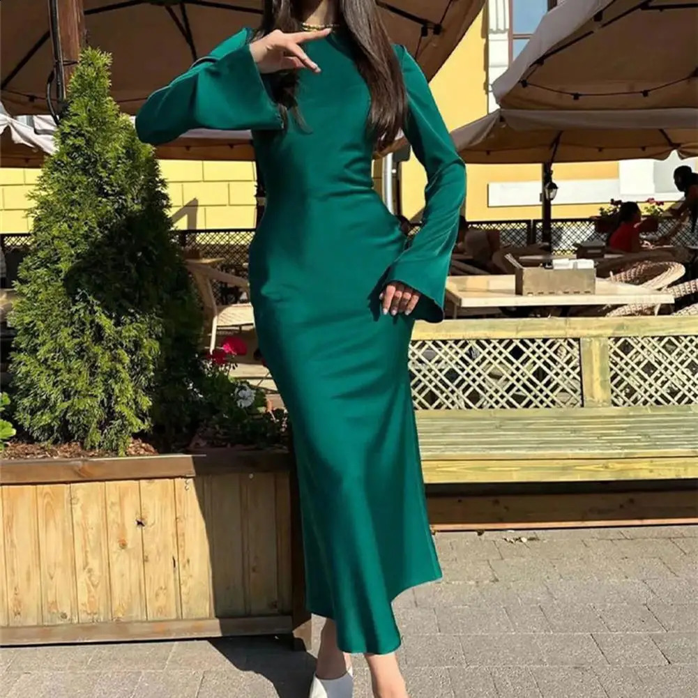 Spring Fall Women Dress Solid Color Round Neck Long Sleeve Maxi Dress Tight Waist Sheath Slim Fit Ankle Length Lady Dress 240823