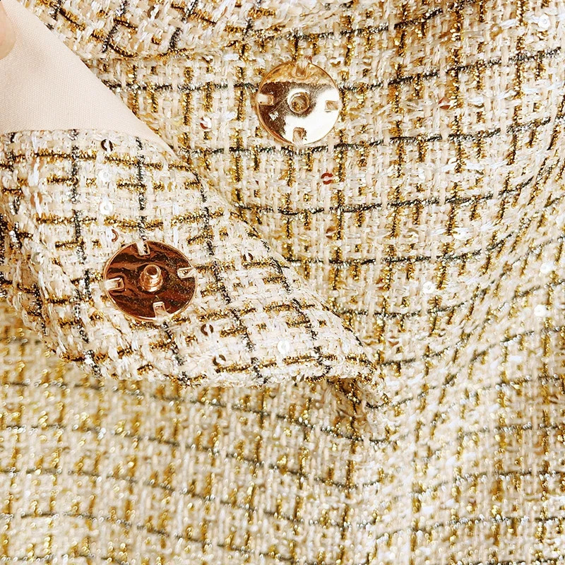 y2k clothes Gold diamond button dress with coarse tweed lapel collarbone double row short early autumn socialite 240824
