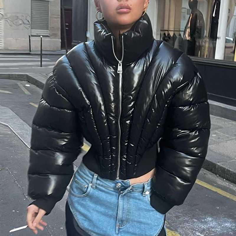 Women's Down Parkas Fashion Women Broad Shoulder Puffer Jackets High Waist Bubble Coats Slim Puffer Jacket Parkas Mujer Zipper Cropped Parkas Dow