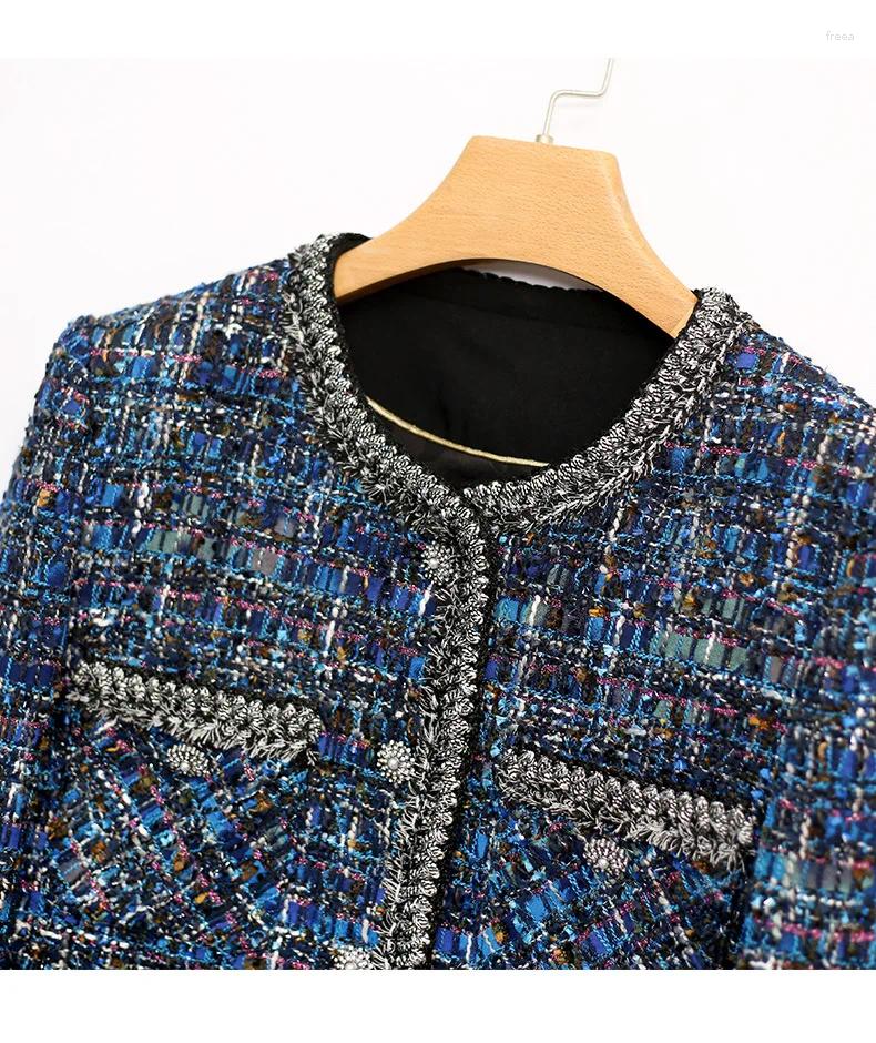 Women's Jackets Blue Tweed Jacket For Spring/autumn/winter Top Small Fragrant Style High-end Socialite Classic