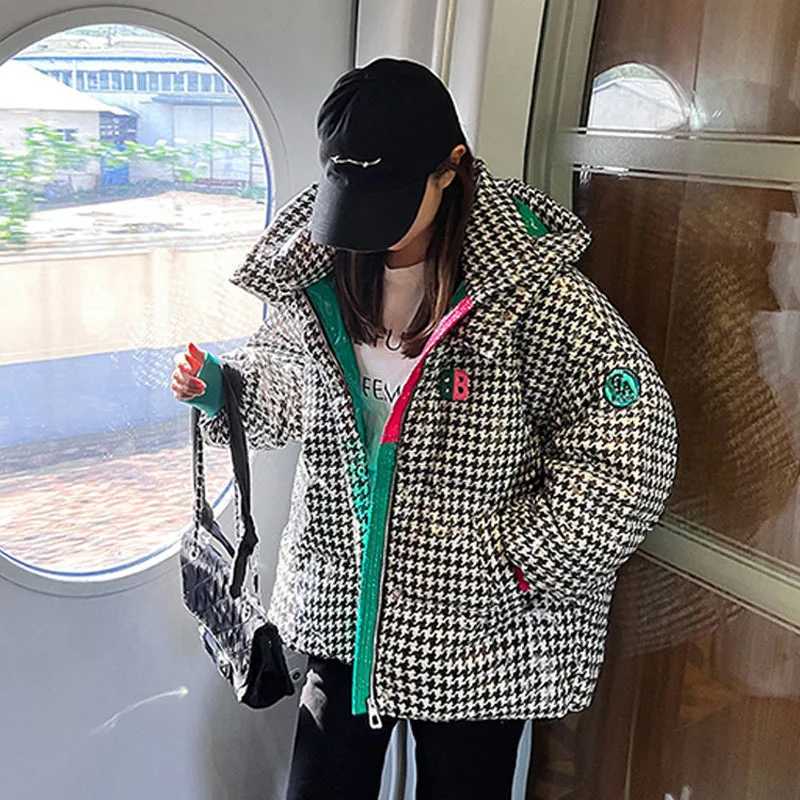 Womens Down Parkas Womens winter checkered jacket thick cotton pad Parka fashionable hooded oversized loose Fr washed Parkas womens inflatable jacke Y