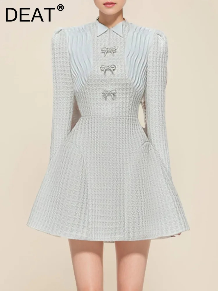 DEAT Autumn Tweed Spliced Bow Long Sleeve Womens Dress Solid Color Zipper O-neck Elegant Party Mini Female Dress 15C359 240824