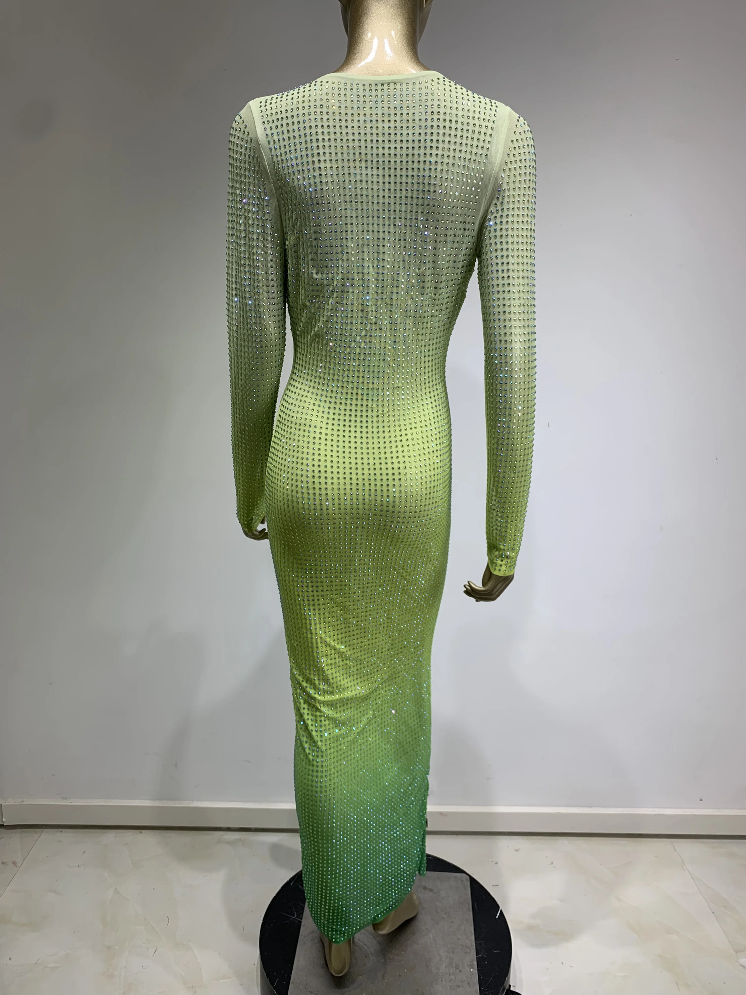 Women Sexy Mesh Rhinestone Crystal Diamonds Stretched Gradient Cut Out Ankle Length Long Party Dress Vestido 240823