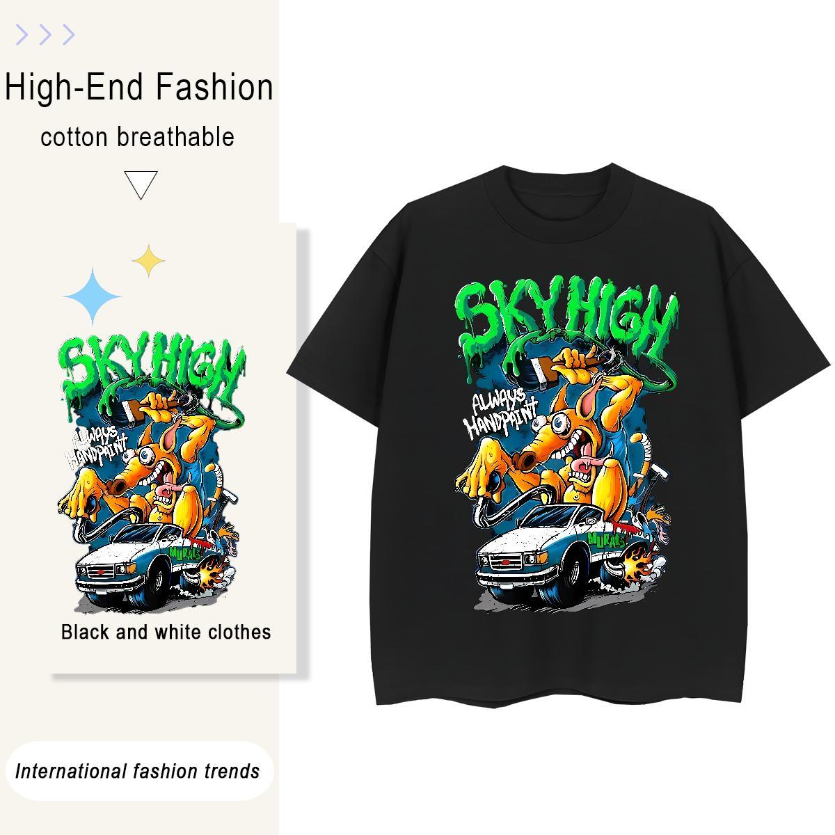 Classic T shirt 230g Pure Cotton skull Outdoor Cartoon Printing L-4XL Breathable Crew Neck Tshirt for Man Woman 2024 Summer Tops Shirt