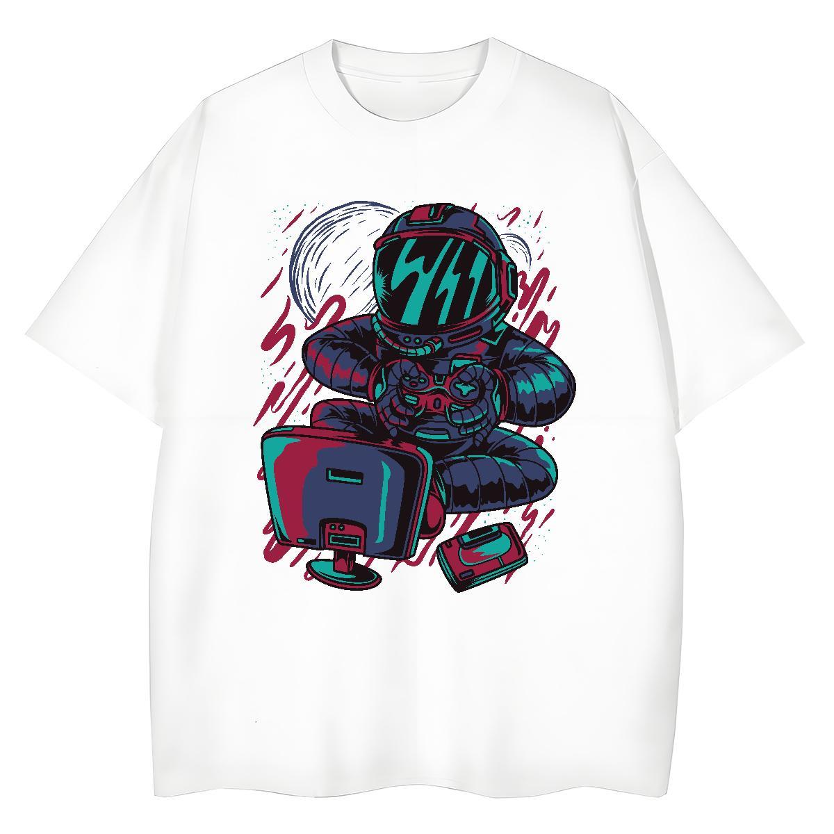 Free Shipping Women Tshirts 230g Cotton spaceman Hip Hop T shirt Crew Neck Cartoon Printing L-4XL Clothings
