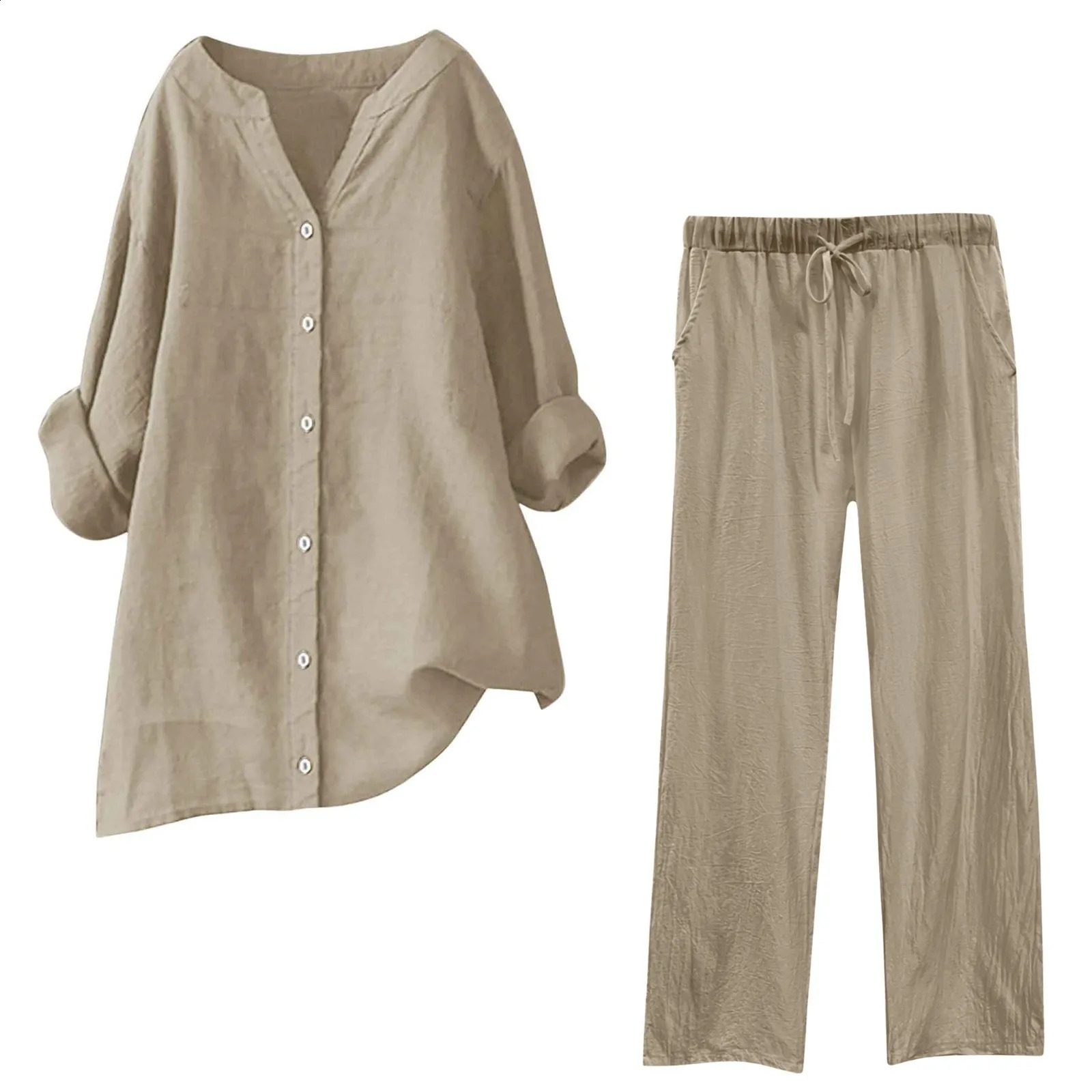 Womens solid single chest shirt 2piece set casual Vneck long sleeved toppants chic high waisted Trouser street 240823