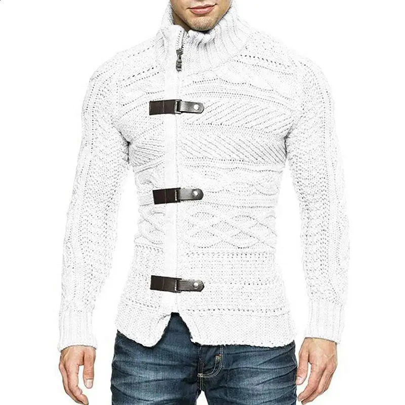 Autumn and Winter Mens Turtle Neck Sweater Fashion Leather Buckle Long Sleeve Knitted Open Collar Coat Large Clothing 240824