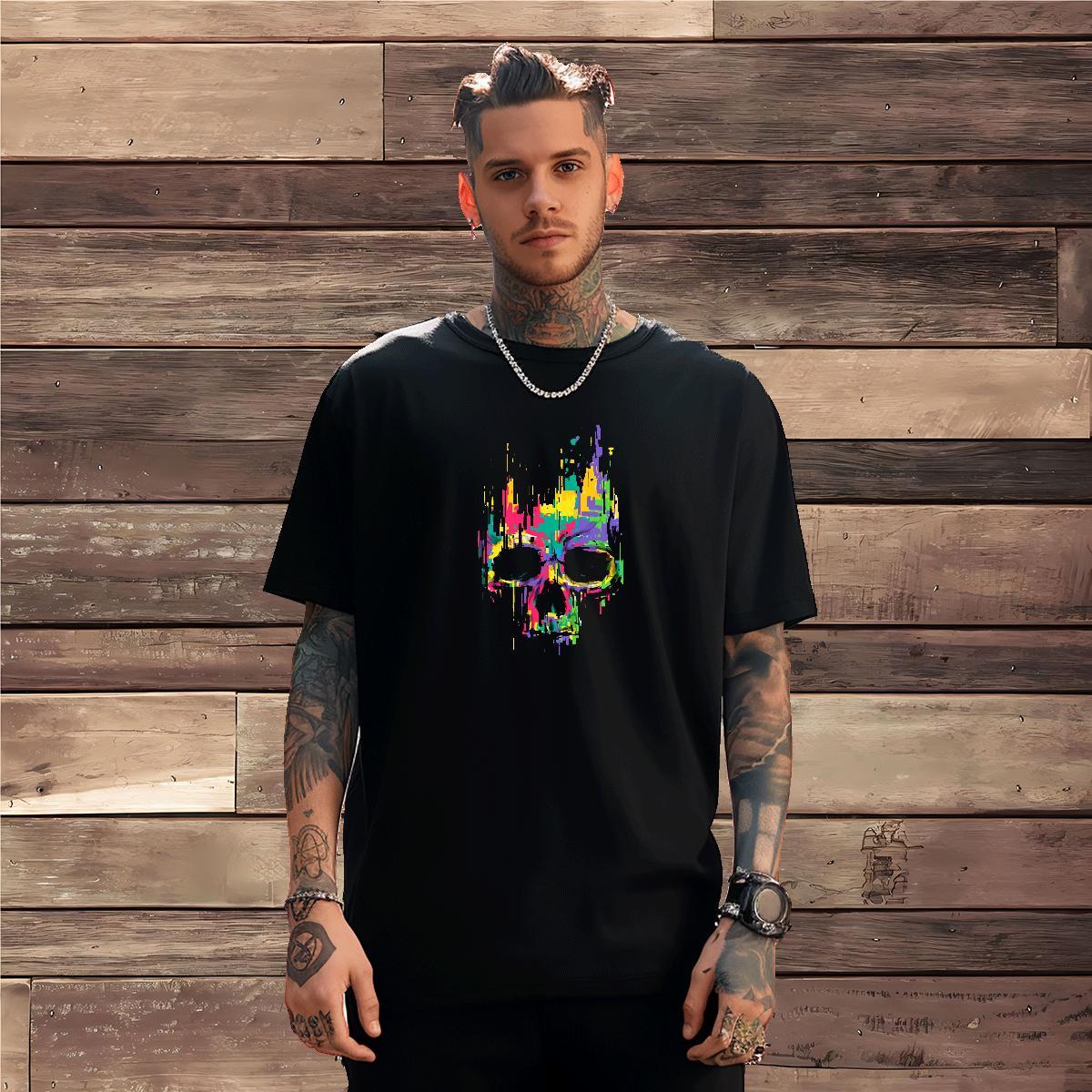 Popular T Shirts Men 230g 100% Cotton skull Daily Wear Customized O-Neck Short Sleeve Tshirts 2024 Clothes