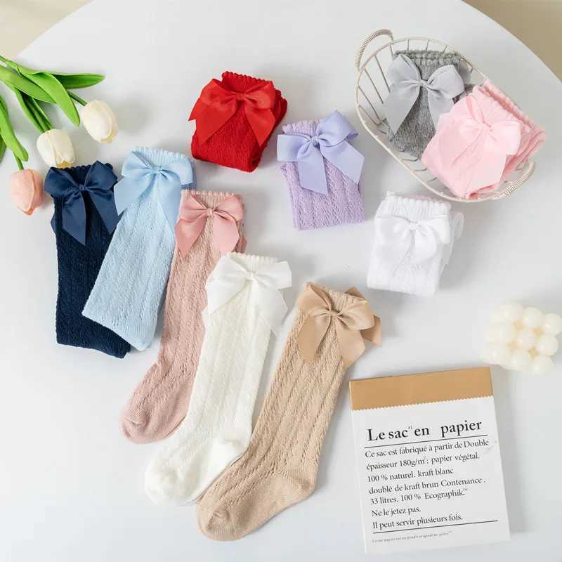0-7Years Summer Kids Socks With Bow Baby Girls Long Sock Knee High Cotton Hollow Out Toddlers Sock Mesh Children Princess Socks CL240824