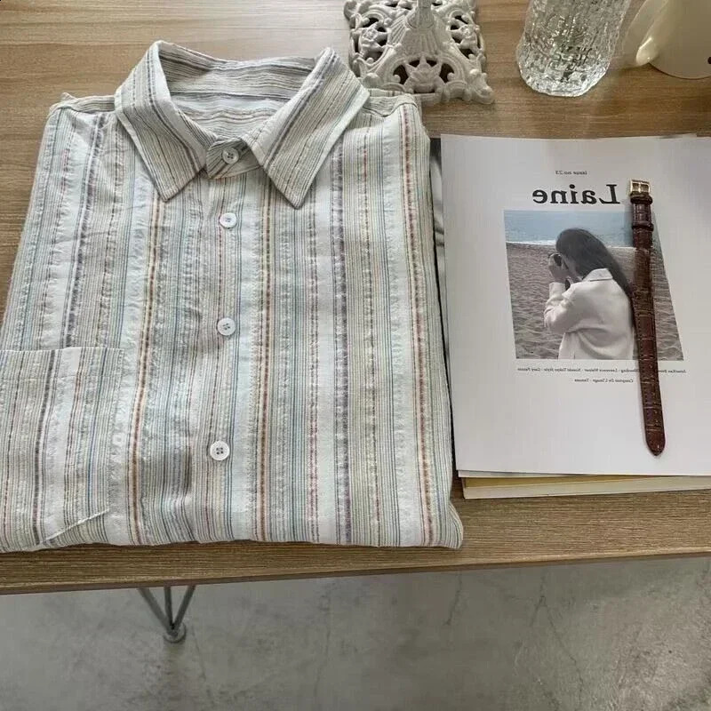 Vintage Striped Shirts Women Korean Fashion Simple Long Sleeve Turn Down Collar Blouse Office Lady Casual Loose Thin Tops 240823