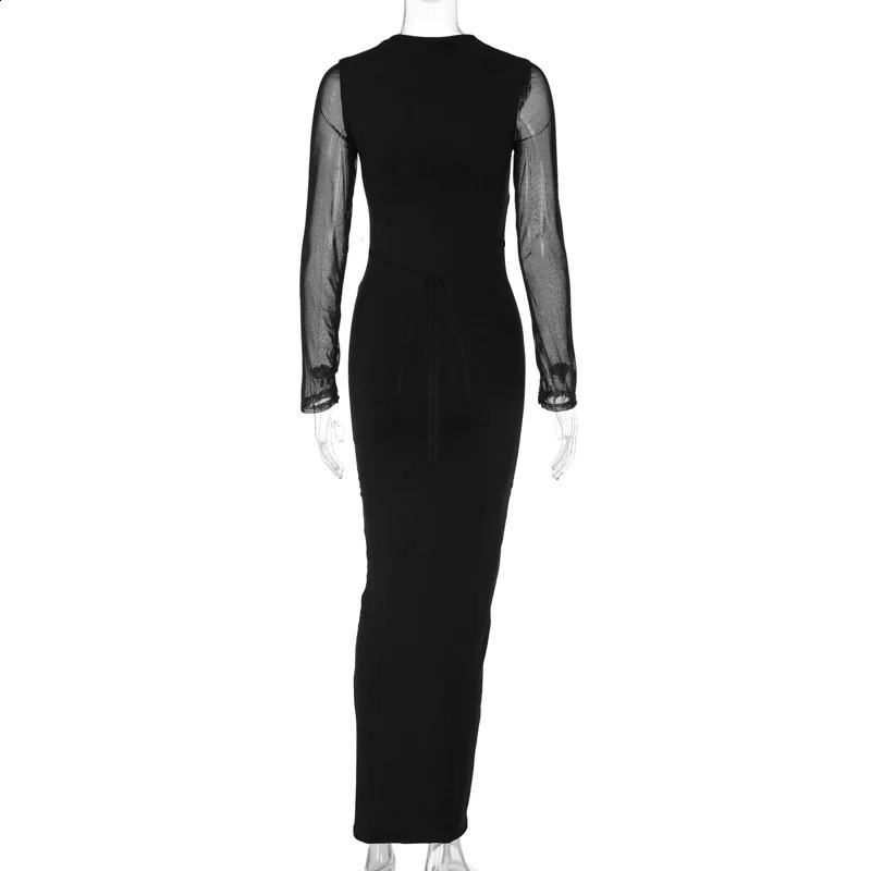 Autumn Winter Mesh Long Sleeve Hollow Out Bodycon Maxi Dress Outfits Women Sexy V Neck Bandage Party Club Dresses Vestido 240823