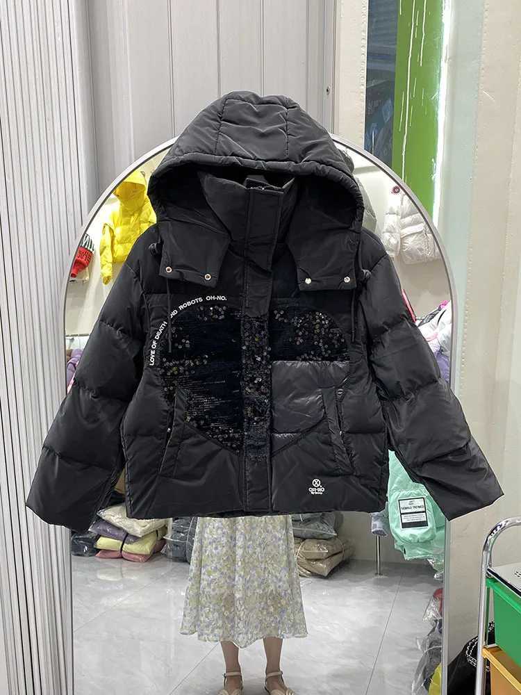 Women's Down Parkas QNPQYX New Detachable Hooded Park Womens Short Fashion Jacket Splicing Glitter Love Winter Inflatable Jacket Y240824W0DJ