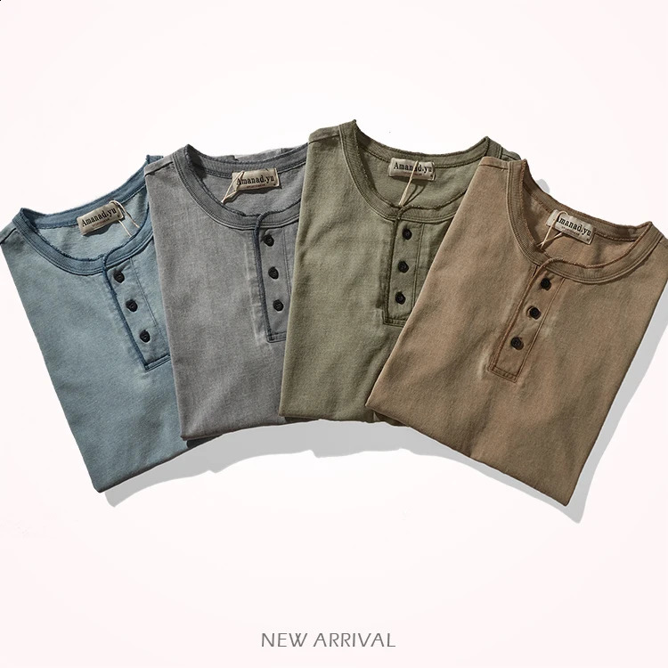 280g Summer American Retro Heavyweight Solid Color Tshirt Mens Pure Cotton Washed Short Sleeve Henley Collar Waist Top 240823