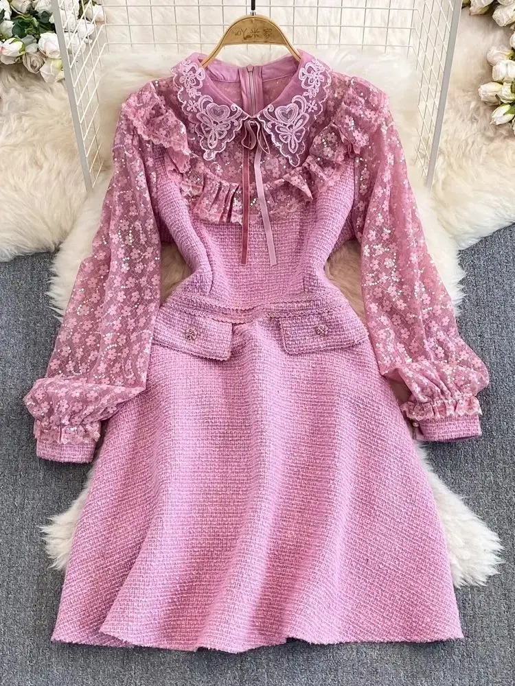 Fashion Lady Flower Sequined Mesh Embroidery Ruffles Stitching Tweed Dress Women Long Sleeve Bow Collar Pink Mini Dresses 240824