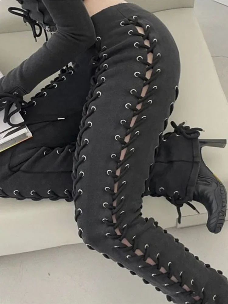 Knitted Slit Hollow Women Pants High Waist Lace Up See Through Streetpant Femme Solid Slim Fashion Streetwear Pant Ladies Sexy 240823