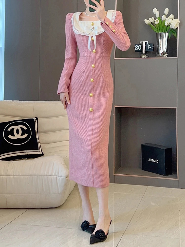 IEQJ Color Block Tweed Womens Dresses Square Collar High Waist Long Sleeve Elegant Dress Female Autumn 36A3181 240824