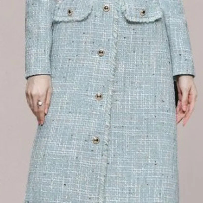 Womens Autumn and Winter Pullover Round Neck Panel Button Solid Color Slimming Mid Length Flower Tweed Long Sleeved Dress 240824