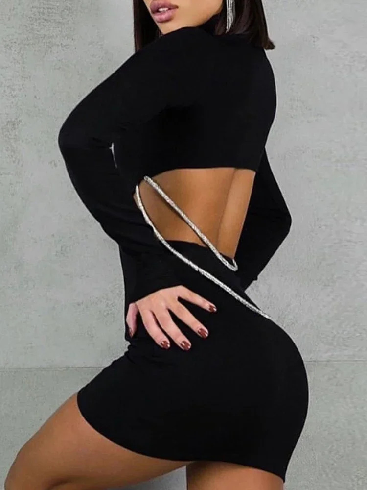 With Metal Chain Back Hollow Out Slim Bodycon Dress Women Long Sleeved High Collar Skinny Mini Evening Dress Club Party Vestidos 240823