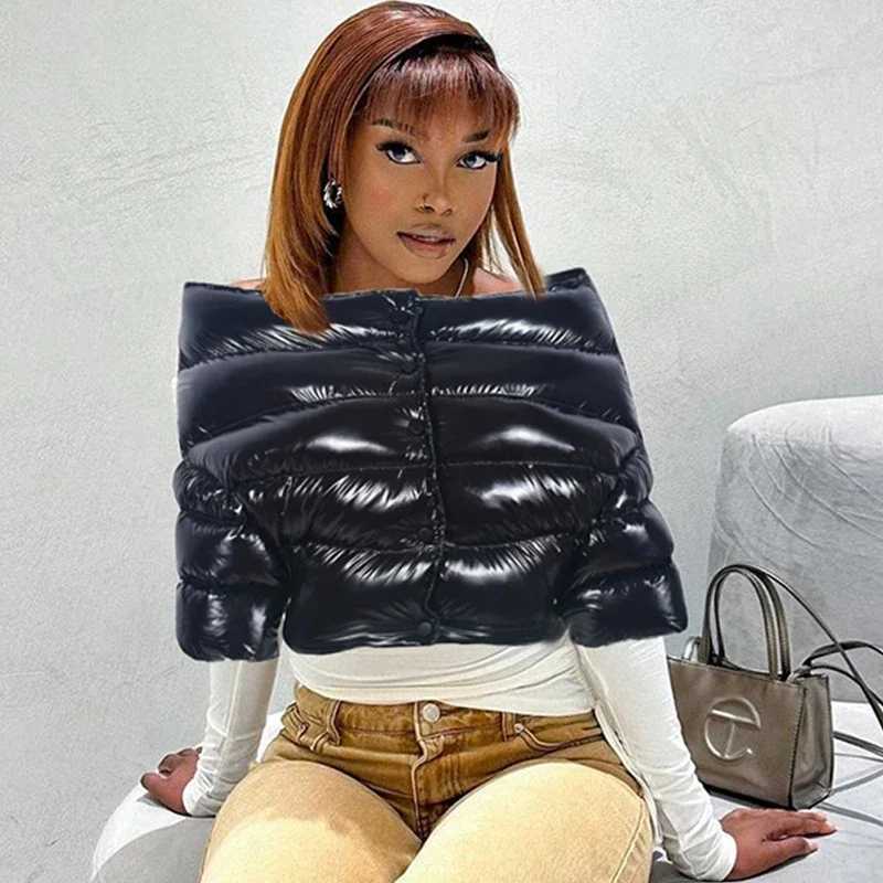 Women's Down Parkas Womens shiny black shoulder crop inflatable jacket high waist heating bubble jacket single chest short Slve slim park Y240824