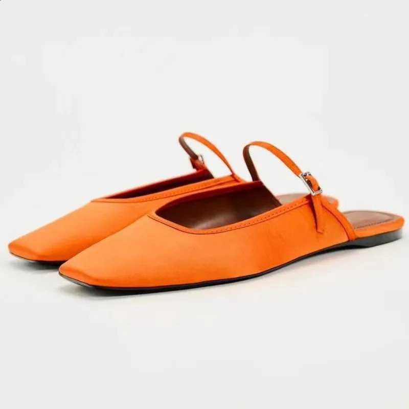 Summer Flat Shoes for Women 2024 Square Lace Breathable Satin Casual Strap Fashion Mule Shoes 240823