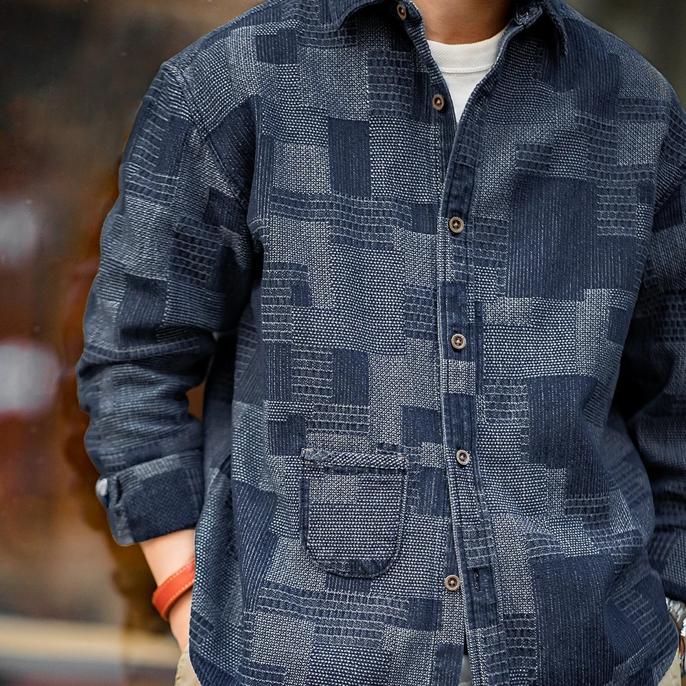 Maden Japanese Retro Boro Denim Mens Jacquard Splicing Long Sleeve Button Up Shirt Jacket Oversized Spring Coat 240824
