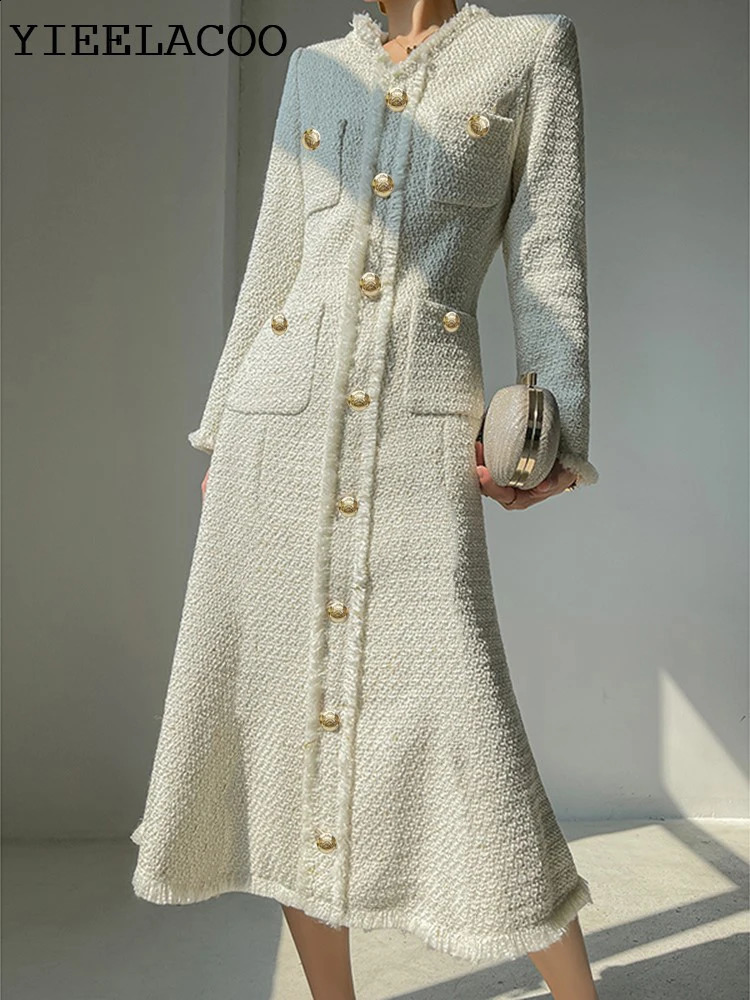 Off white tweed dress spring / autumn womens dress tassel ladies slim bottoming dress one-piece 240824