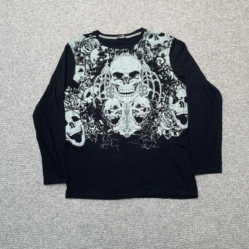 Y2K 90s retro long sleeved tshirt dark street hiphop punk round neck classic pattern casual loose Kpop clothing w240824