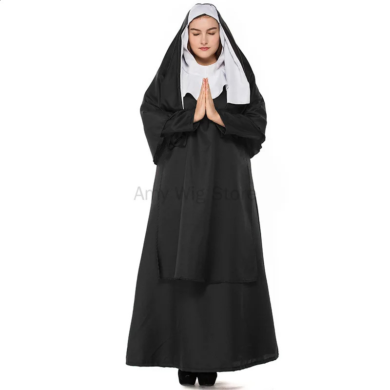 Halloween costume adult womens dress plus size nun black robe religious Catholic priest sisters role play party 240823