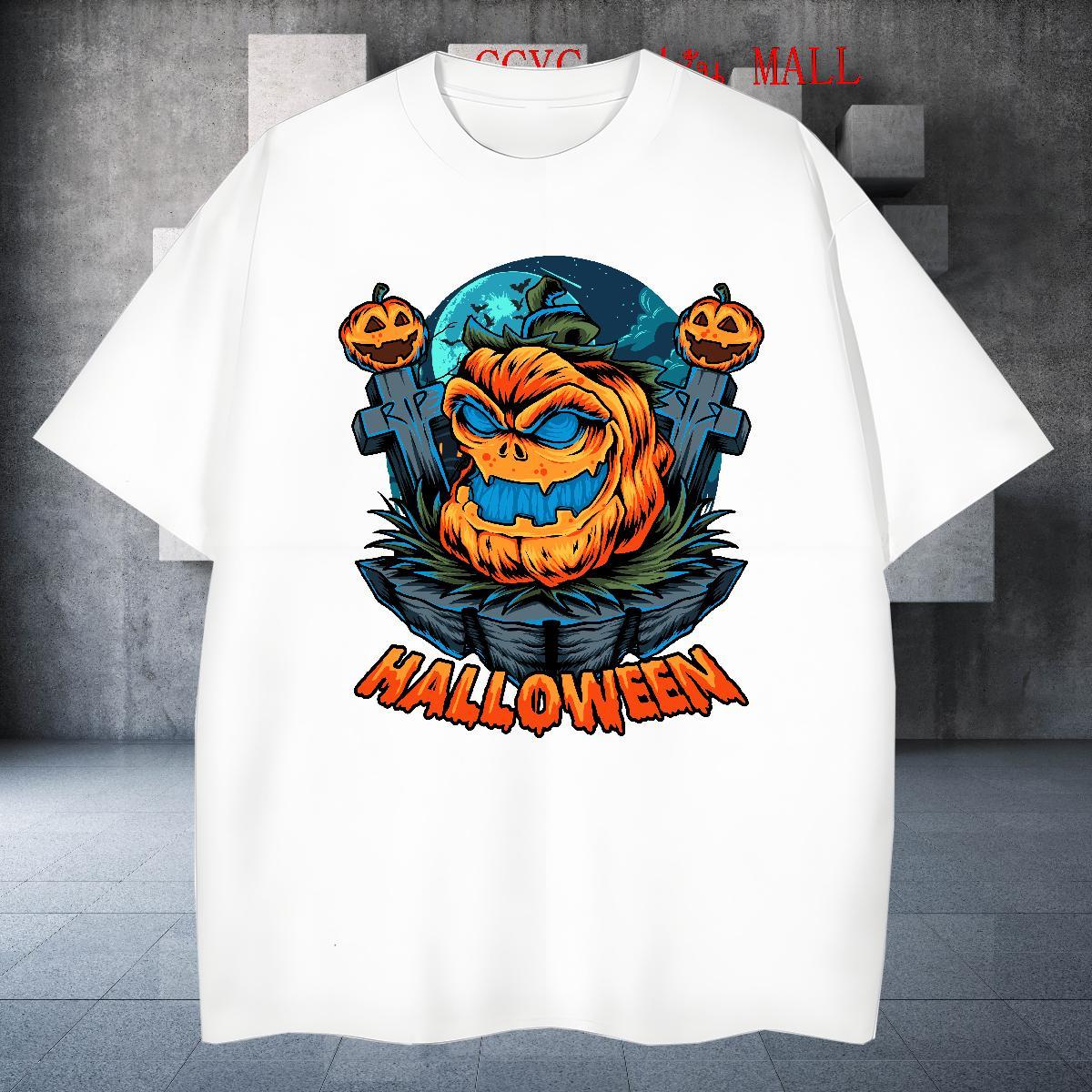 Fashion New Men Tees halloween Casual 230g 100% Cotton Top Tees Breathable Short Sleeve Unisex Mens T Shirts Cartoon Print
