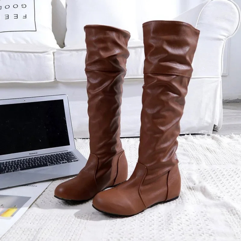 Womens High Heels Winter Knight Boots Fashion Retro Buckle Knee High Boots Womens Long Boots Botas De Mujer PU 240823