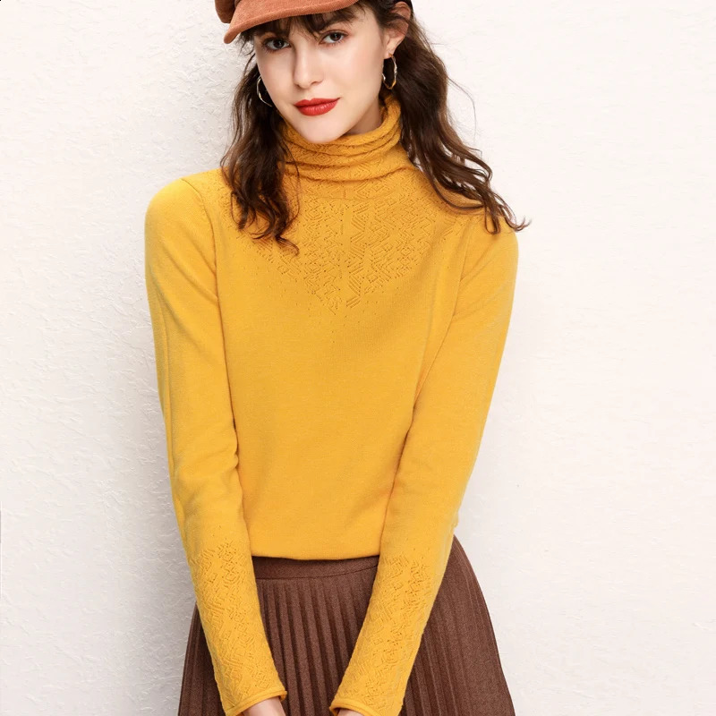 Women Merino Wool Sweater Pile Collar Pullover Cashmere Knitwear Solid Color Hollowed Jacquard Clothing Basic Spring Autumn Tops 240824
